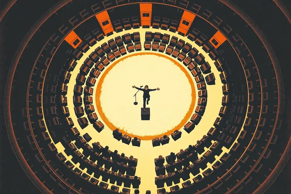 Overhead view of a concert at Paragon Hall, showing a circular stage with a performer at center, surrounded by concentric rings of audience seats and pulsing stage lights.