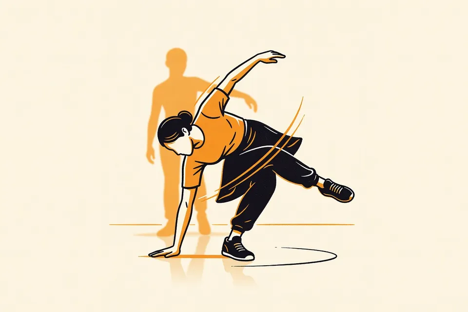 A dancer spins on a studio floor, hand touching the ground, with another dancer blurred in the background under warm lighting.