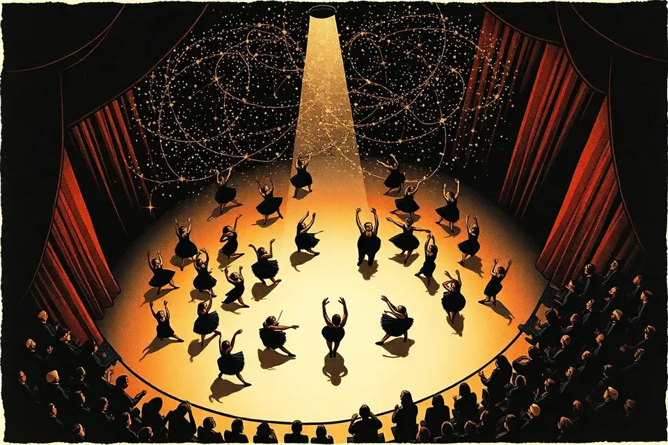 An overhead view of a ballet performance on a dark stage, with dancers arranged in a spiral pattern, an orchestra pit with glowing music stands, and a spotlight creating a dramatic shadow.