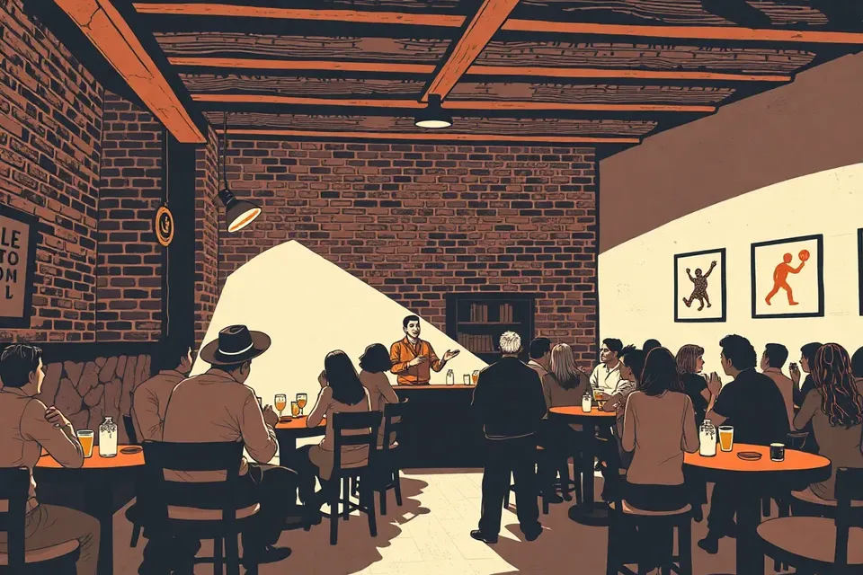 Dim bar with brick walls, small groups at tables, a speaker under a spotlight, sombrero and papel picado in background.