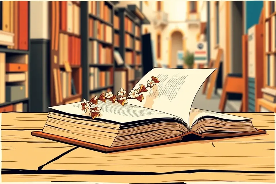 Close-up of an open antique book with a jasmine garland on a wooden table, blurred bookshelves in a narrow alley behind.