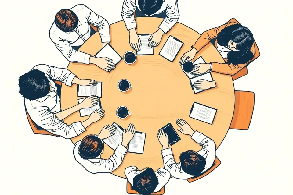 An overhead view of a round table with coffee cups and notebooks, surrounded by people in casual attire engaging in conversation, suggesting a relaxed networking event.