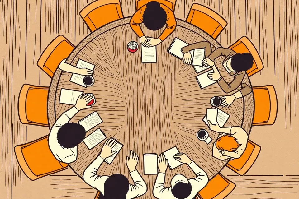 An overhead view of a circular pub table surrounded by diverse, stylized people in animated conversation, with notebooks and glasses scattered across the dark wood surface.