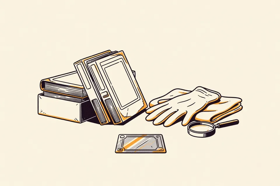 A still life arrangement of trading card collecting items: stacked binders, a sealed booster box, a holographic card, white gloves, and a magnifying glass on a cloth.