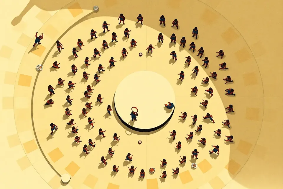 Overhead view of a colorful, abstract scene with small figures playing in a spiral pattern around a central stage, surrounded by scattered toys and geometric floor tiles.