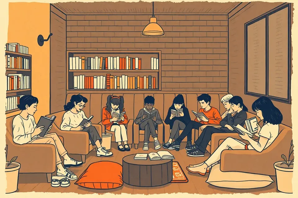 A wide shot of a cozy reading club gathering in a Bangkok venue, with people seated on various chairs and cushions, reading books under a warm lamp, surrounded by bookshelves.