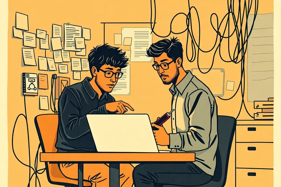 Two people in a dim office, one pointing at a laptop screen, the other holding a soldering iron, with sticky notes and cables in the background.