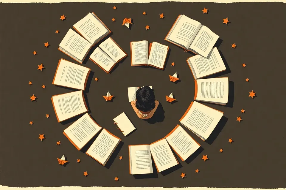 An overhead view of a circular pattern of open books and paper crafts on a dark floor, with a single seated reader in the center.