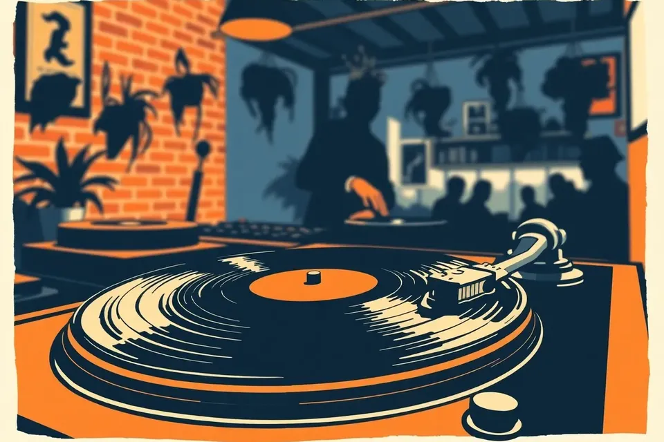 Close-up of a vinyl record on a turntable in a dim cafe, with a DJ's hand and blurred silhouettes of the audience in the background.