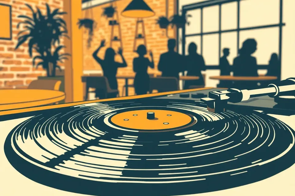 A vinyl record on a turntable in a dimly lit cafe, with a hand poised over the tonearm and blurred silhouettes of people in the background.