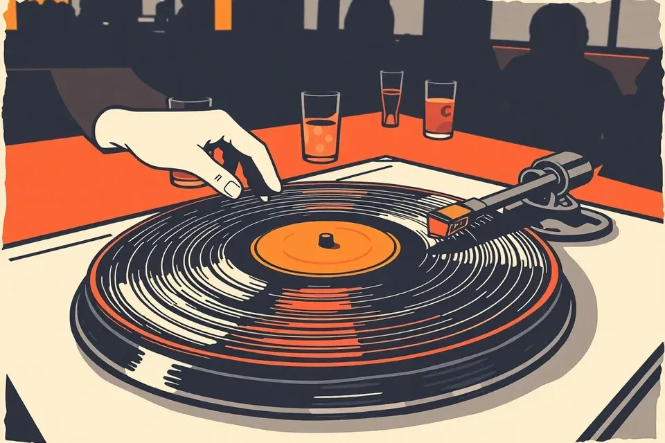 Close-up of a vinyl record on a turntable in a dim cafe, with a hand lowering the tonearm and blurred silhouettes of people in the background.