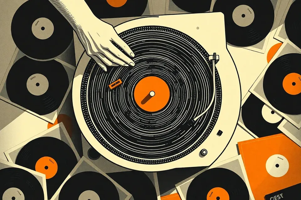 An overhead view of a turntable with hands mixing vinyl records, surrounded by scattered record sleeves in a dimly lit cafe.