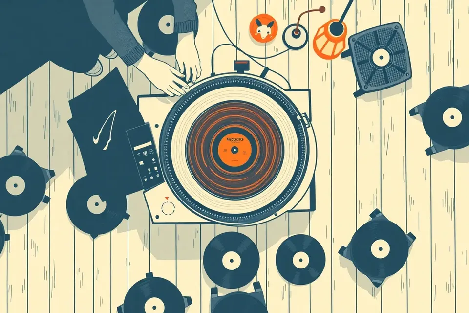 An overhead view of a turntable and mixer on a wooden floor, with vinyl records and sleeves scattered around, and a lantern at the edge, evoking a quiet, focused DJ session.