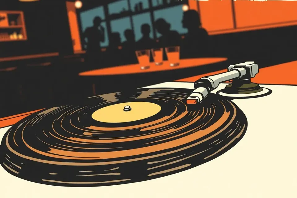 Close-up of a vinyl record on a turntable in a dim cafe, with a hand poised over the tonearm and blurred silhouettes of patrons in the background.