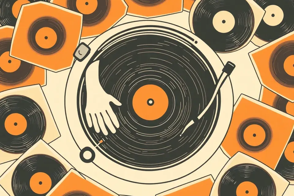 An overhead view of a turntable with a vinyl record, hands poised over the mixer, surrounded by scattered record sleeves in a circular arrangement.