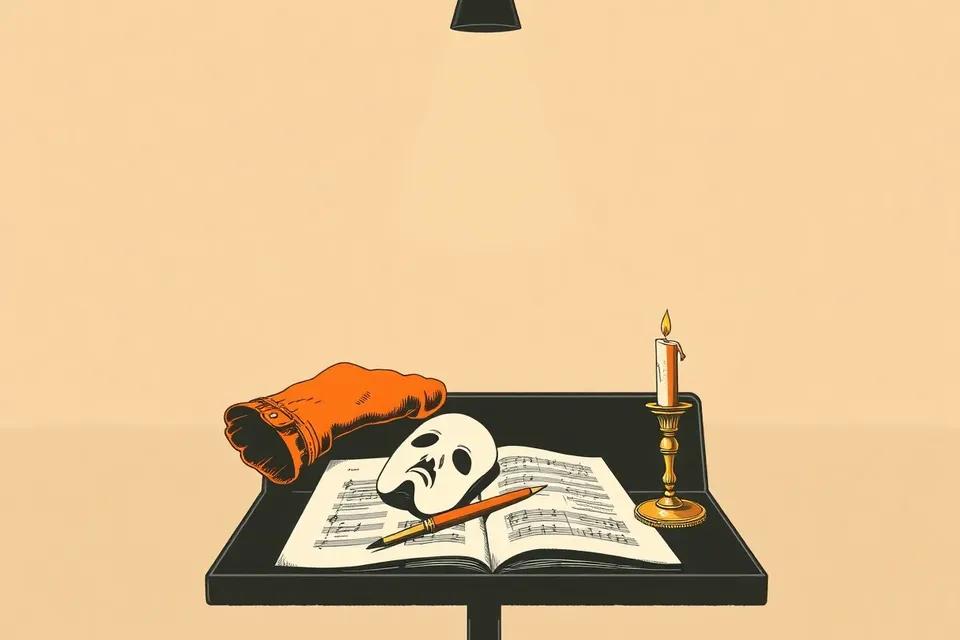 A still life arrangement on a black music stand: a leather glove, an open score with a quill, a white mask, and an unlit candle, set in a dark, empty theater space.