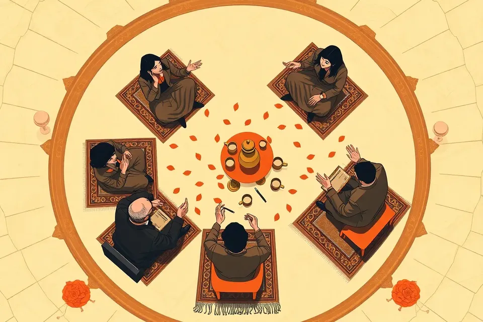 An overhead view of five people seated in a circle on patterned rugs, with rose petals and a tea set, on a tiled floor.