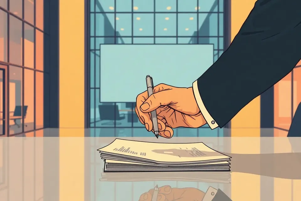 A close-up of a hand holding a pen over business papers on a table, with a blurred presentation screen and modern architecture in the background.