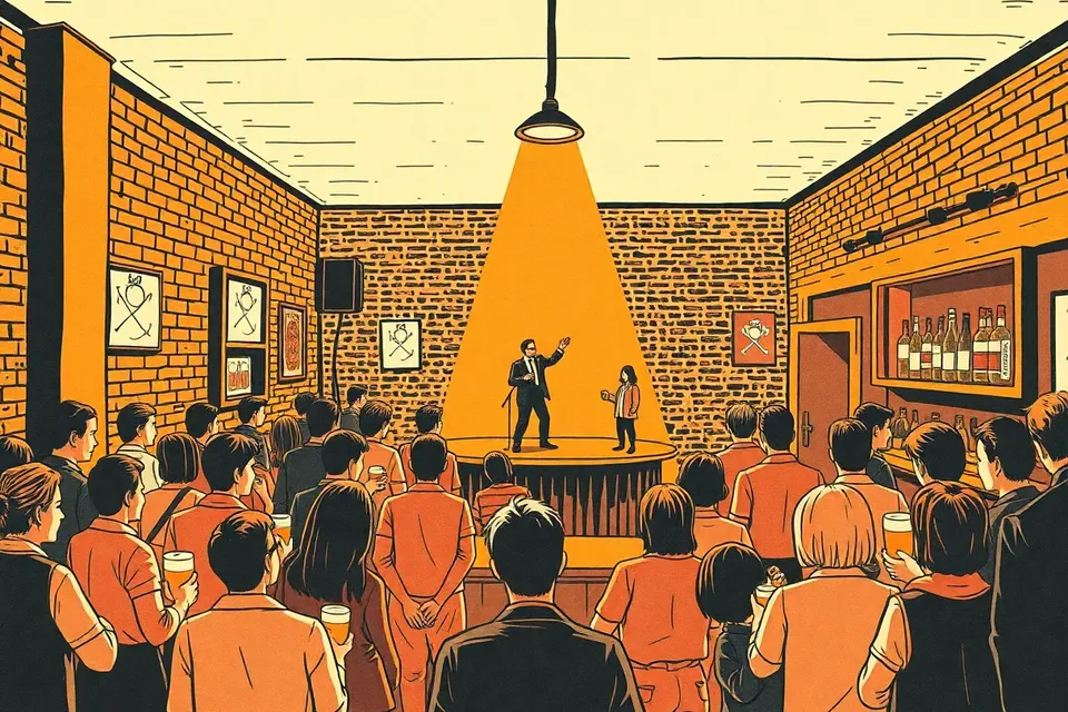 A dimly lit bar interior with exposed brick walls, a wooden counter, and a small stage where a performer stands under a spotlight, surrounded by a few silhouetted audience members.