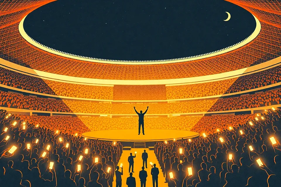 A wide view of a massive stadium at night, packed with a crowd holding up small glowing lights. A single performer is silhouetted on the distant stage, leaping with arms outstretched, as the audience moves in a unified wave.