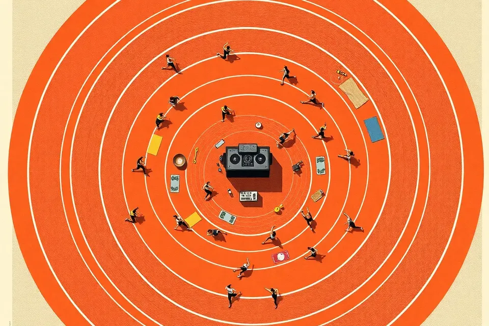 An overhead illustration of a running track filled with small figures exercising, with a DJ booth at the center and coffee cups and yoga mats scattered around.