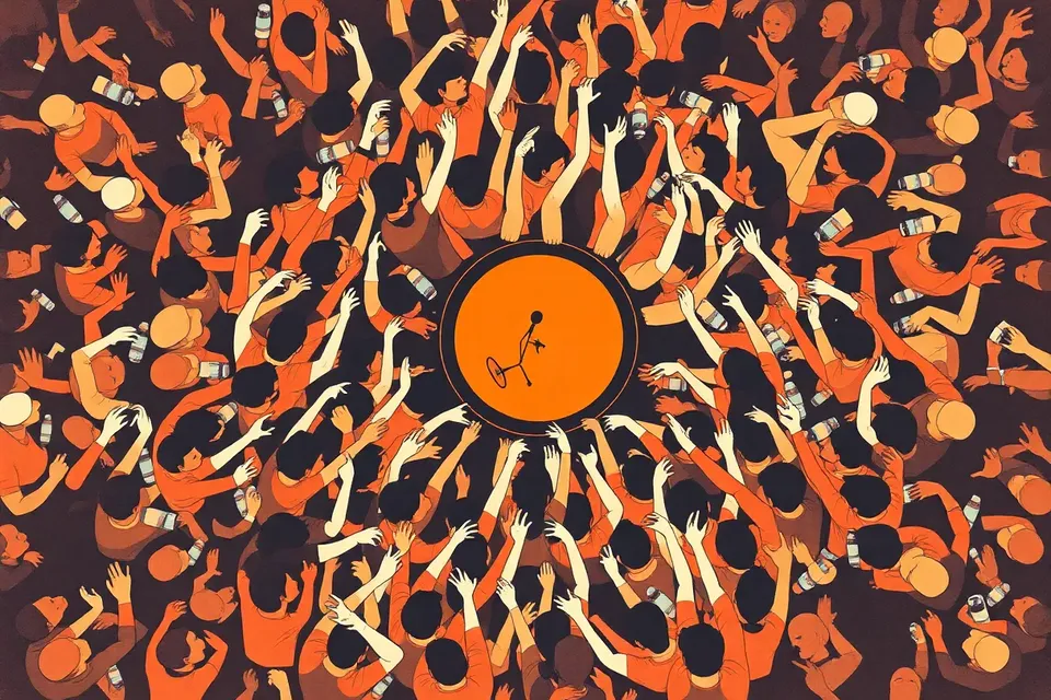 An overhead view of a lively music festival crowd, with anonymous figures raising their arms in a circular pattern around a small stage, creating a dynamic and energetic scene.
