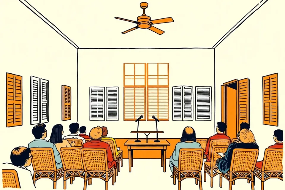 A wide view of a colonial-style hall with rattan chairs, a ceiling fan, and shuttered windows, facing an empty stage with microphones.