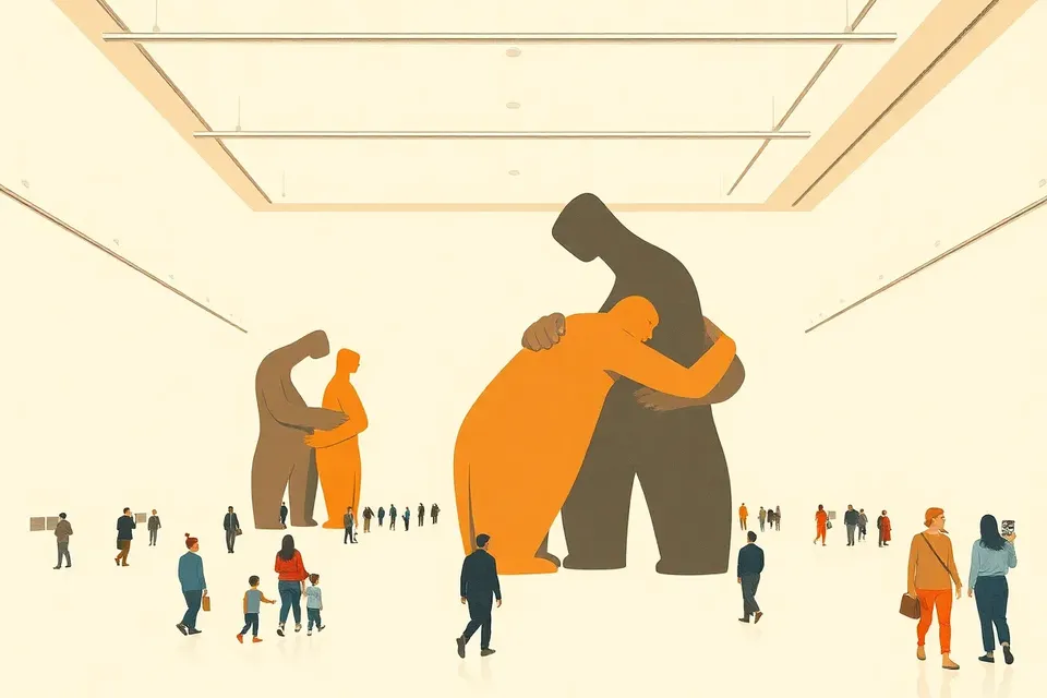 A wide view of a spacious exhibition hall with small visitors walking among large, abstract sculptures that blend human and pet forms, creating a calm and reflective atmosphere.
