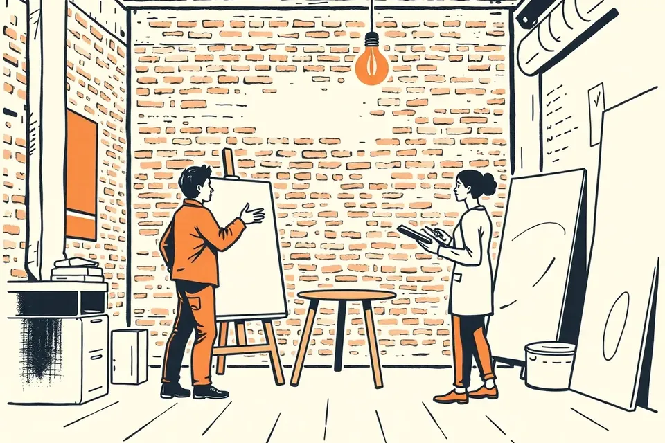 Two people in a workshop, one pointing at an easel, the other sketching, in a brick-walled loft with a hanging light.