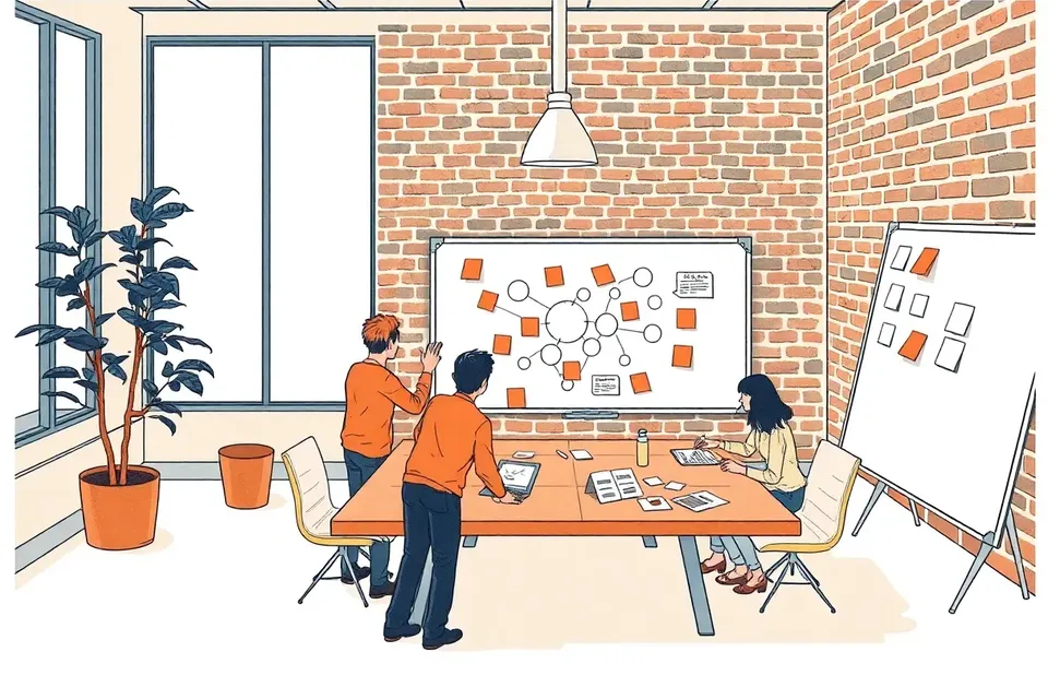 An illustration of a co-working space interior with a group of people around a table covered in sticky notes and diagrams, a whiteboard with circular sketches, and a plant near a brick wall.