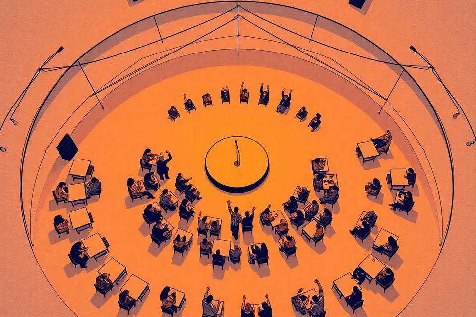 Overhead view of an outdoor concert at a circular market, with tables and fans arranged in rings around a central stage, under string lights at dusk.