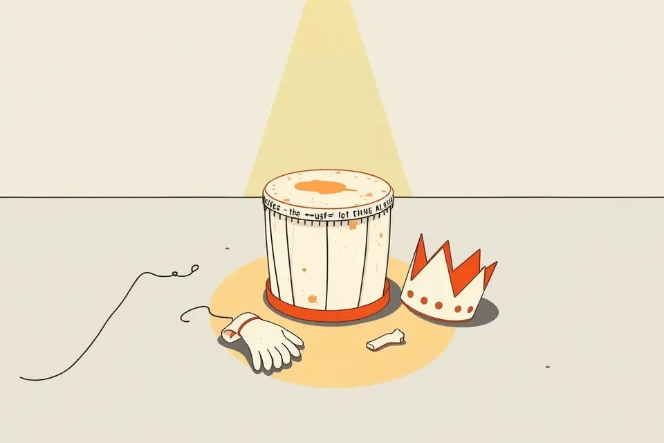 A red circus drum, a crumpled paper crown, and a white glove on a polished floor under a spotlight, evoking a children's theatre festival.