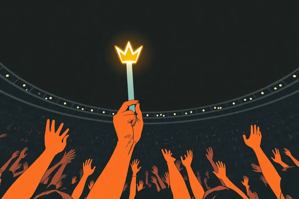 A glowing crown-shaped lightstick held aloft by a fan, surrounded by a dark crowd with raised hands, set against the curved stands of a large stadium at night.