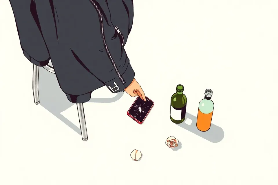 A black leather jacket hangs over a chrome stool, with a cracked smartphone nearby. A soju bottle and a white rose petal lie on the concrete floor. The jacket's zipper glints under neon light, casting a shadow.