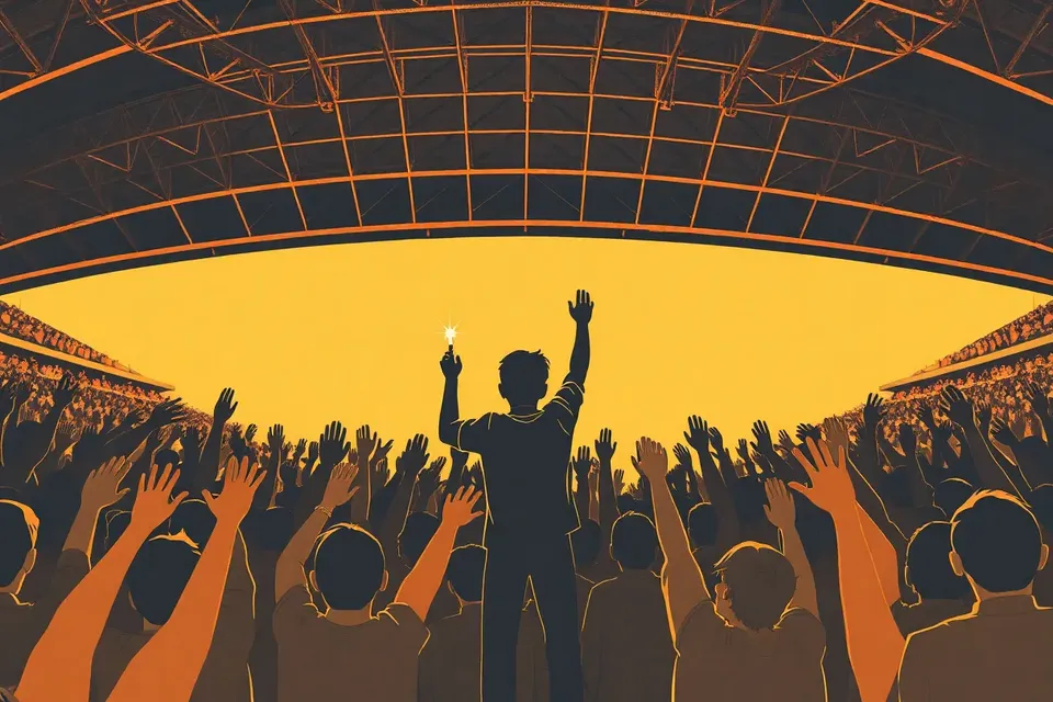 A silhouette of a person holding a glowing lightstick, surrounded by raised hands, with the curved roof of a stadium visible in the background.