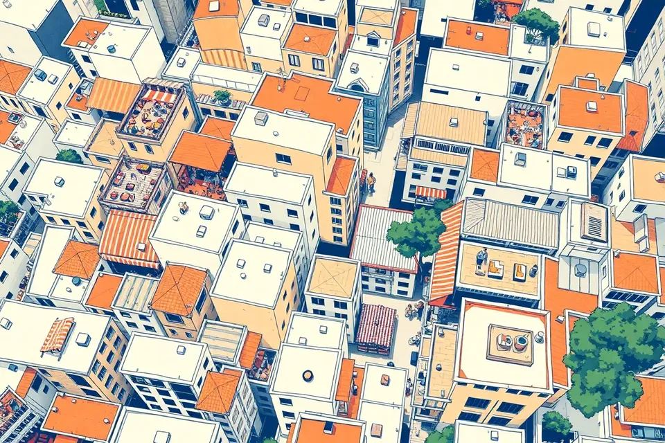 An overhead illustration of Bangkok rooftops showing various weekend activities, with a patchwork of bars, markets, and stages, connected by narrow lanes and dotted with trees.