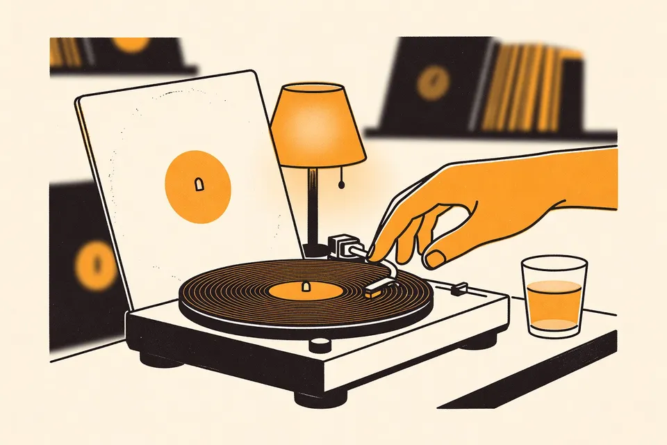 Close-up of a vinyl record sleeve and turntable, with a hand about to play the record, in a warm, cozy setting with blurred shelves and a glass.