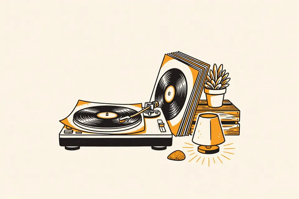 A still life arrangement on a wooden crate: a turntable tonearm rests on a vinyl sleeve, a stack of records leans beside a potted succulent, and a guitar pick lies near the spindle, all lit by warm lamplight.