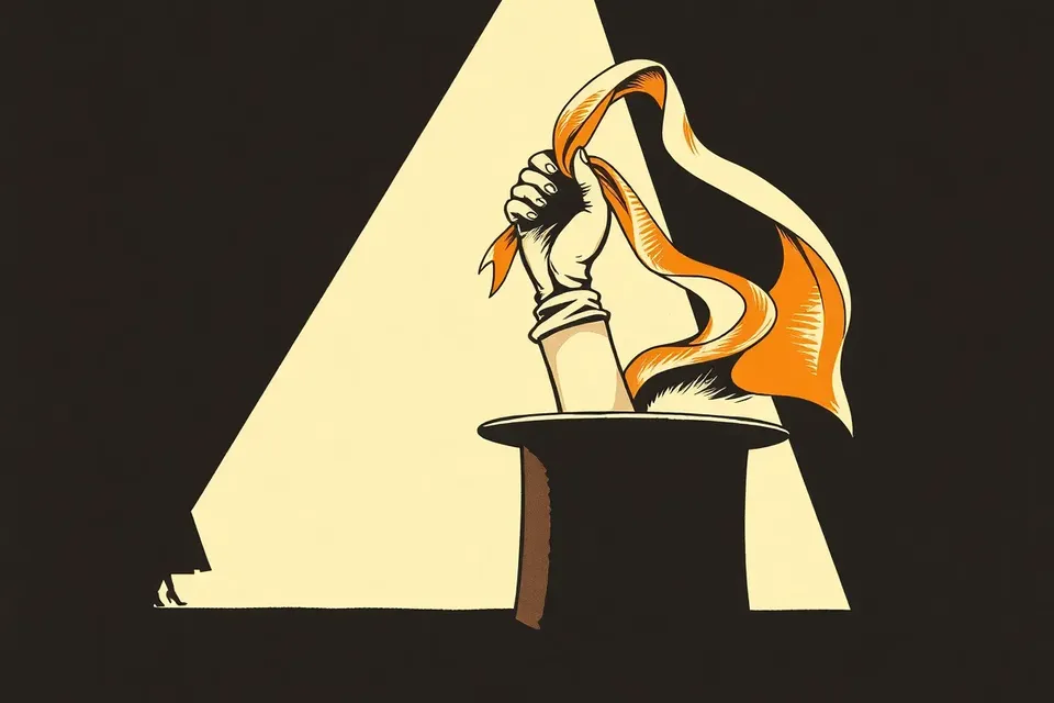 A magician's hand in a spotlight holding a top hat, with a silk scarf emerging, set against a dark stage with a dancer silhouette and curtain.