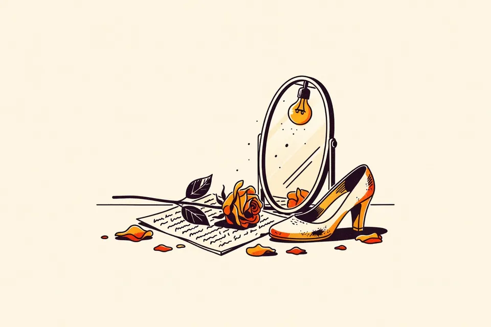 A still life arrangement on a wooden floor: a wilted red rose with scattered petals on a script, a scuffed high-heeled shoe lying sideways, and a backstage mirror reflecting a dim light bulb.
