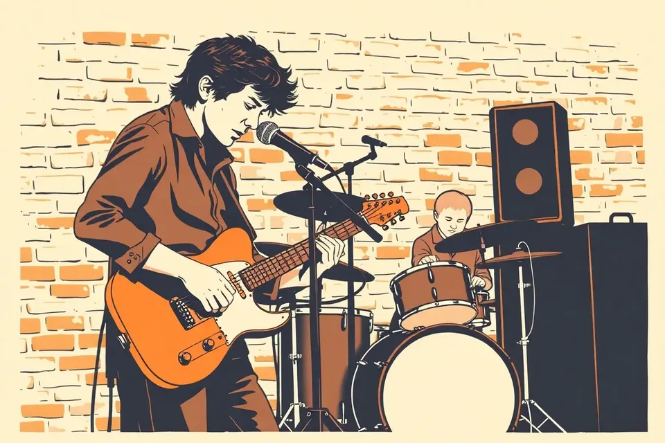 A guitarist in a dark shirt plays an electric guitar close to a microphone, with a drummer in the background raising a drumstick. The venue has exposed brick walls and a speaker stack, lit by warm stage lights.