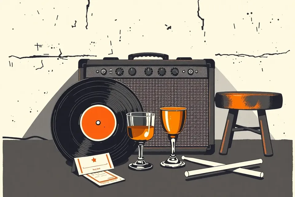 A still life arrangement with a vinyl record, amplifier, glass, ticket stub, and drumsticks against a concrete wall with faint graffiti.