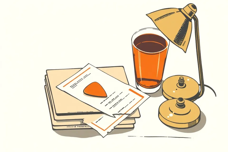 A still life of music memorabilia: a guitar pick on vinyl records, a sweating glass of iced tea, and a paper ticket stub, all lit by a small brass lamp.
