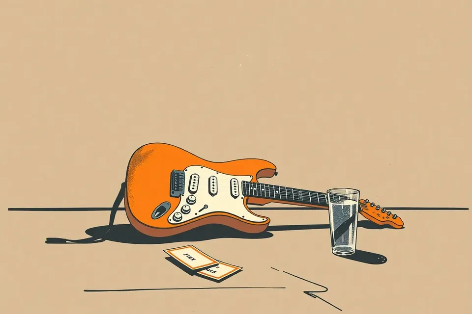 A still life illustration of a guitar, ticket stubs, and a glass of water on a concrete floor, with a single beam of stage light and dust motes in a dark, industrial venue.