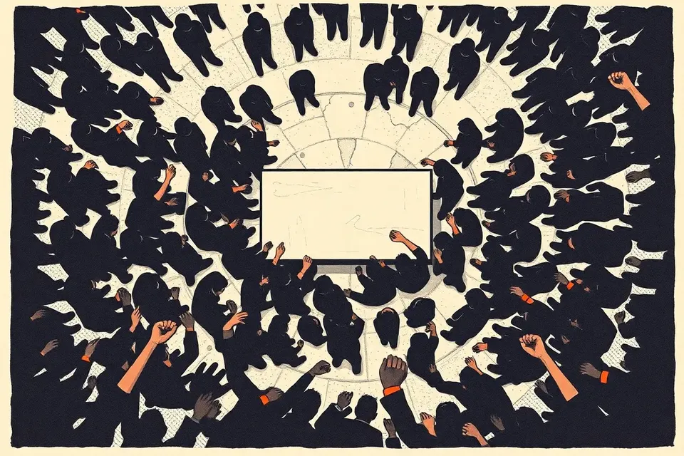 An overhead view of a crowded live music venue, with a dark crowd surrounding a bright, empty stage. The floor is worn and scattered with drink rings, and a few raised fists with neon-green wristbands punctuate the scene.