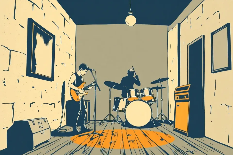 A guitarist and drummer perform on a small stage in a dimly lit livehouse, with concrete walls and a single overhead light.
