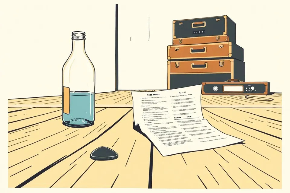 A still life scene on a wooden stage floor: a guitar pick, a half-empty water bottle with a peeled label, a crumpled setlist paper, and a stack of empty instrument cases against a concrete wall, all lit by a warm stage light.