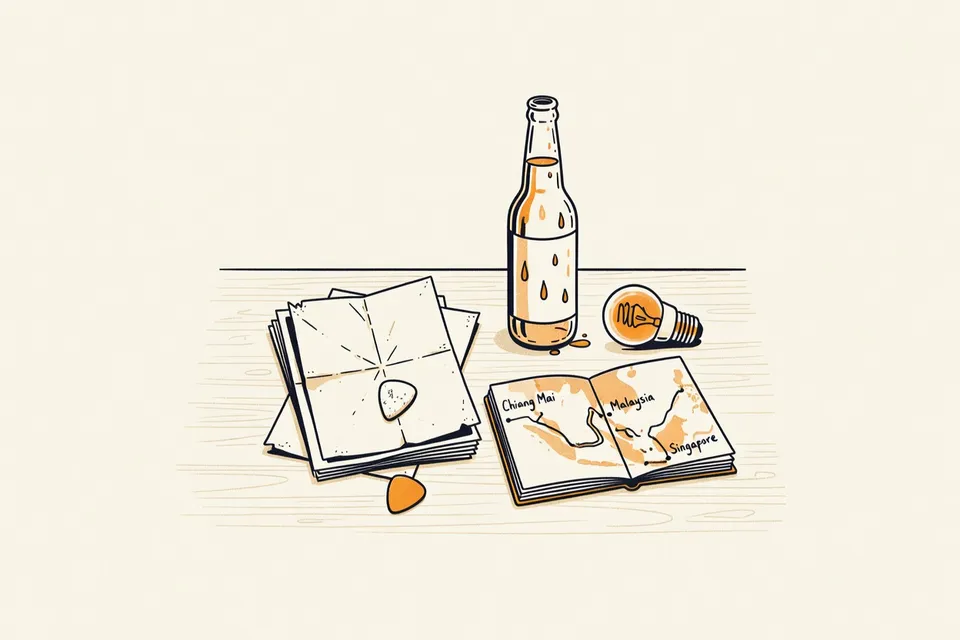 Still life of tour memorabilia on a wooden table: a guitar pick, stacked flyers, a sweating beer bottle, a notebook with a hand-drawn map, and an unplugged stage light bulb.