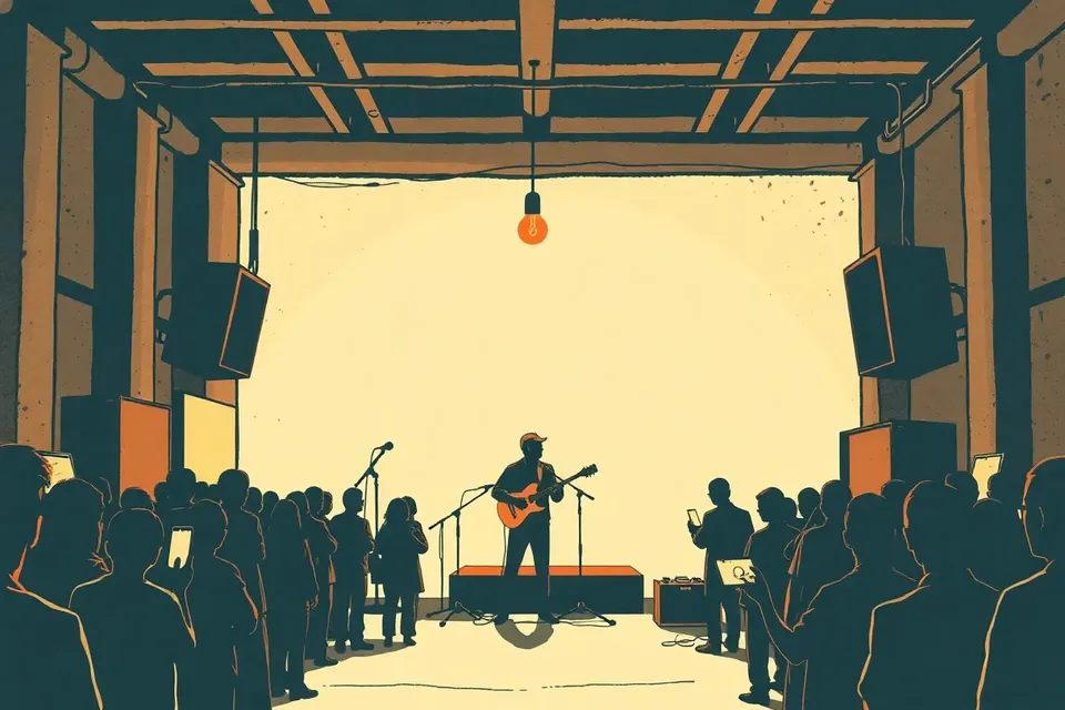 A dim, industrial livehouse interior with a small crowd of silhouetted figures facing a low stage, where a guitarist tunes his instrument under a single bare bulb.