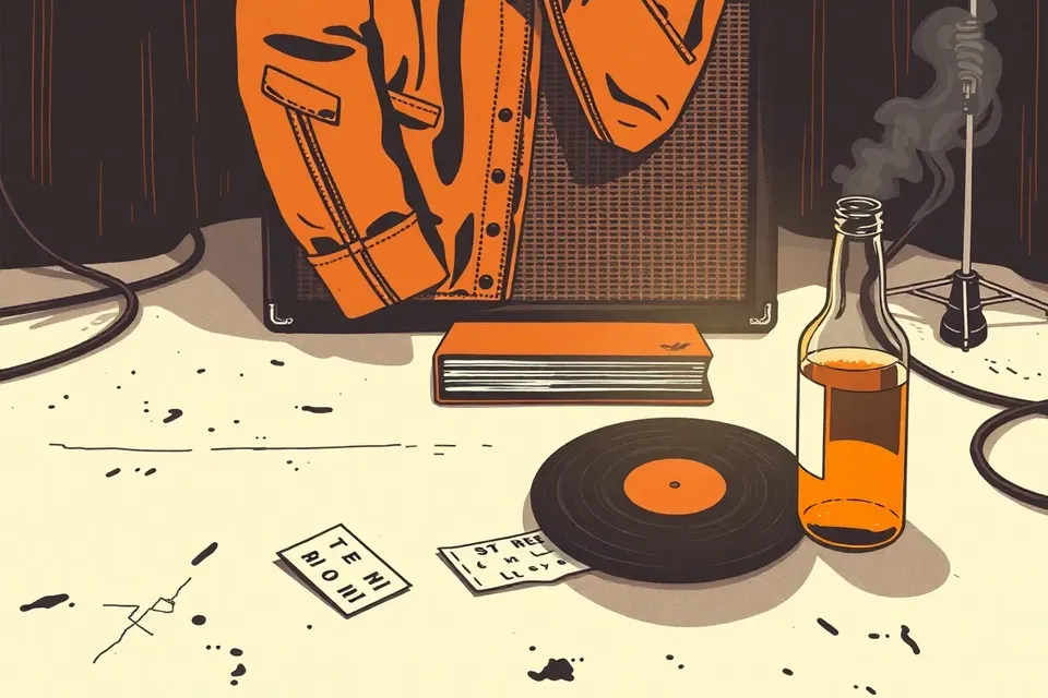 A still life arrangement on a dark stage: a leather jacket on an amplifier, vinyl records, a beer bottle, a ticket stub, and scuffed concrete floor with smoky atmosphere.
